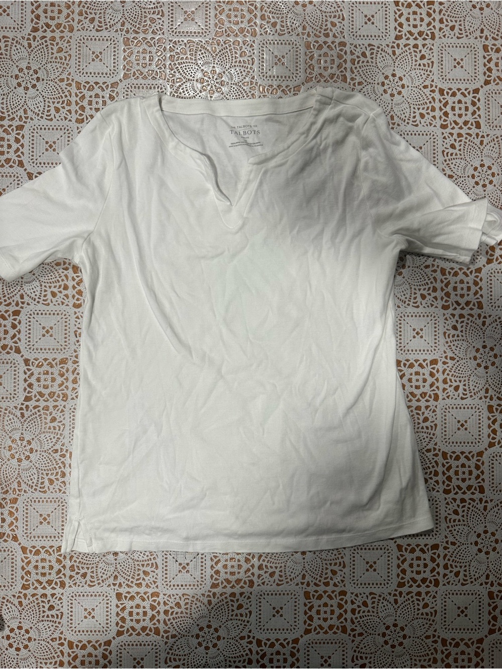 Talbots Petite Large White Pima Cotton Split Neck Short Sleeve Tee